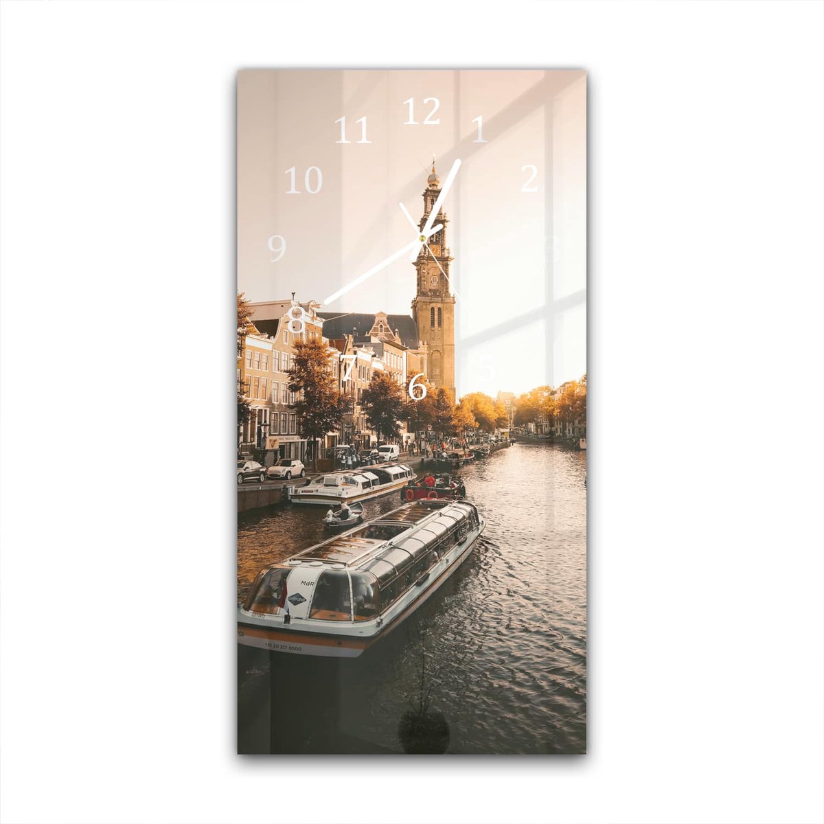 Mydesignglas Grote Glazen Wandklok XXL Amsterdamse Herfst Witte - Verticaal 30x60 cm - Stille Klok voor Woonkamer & Keuken - Modern Design