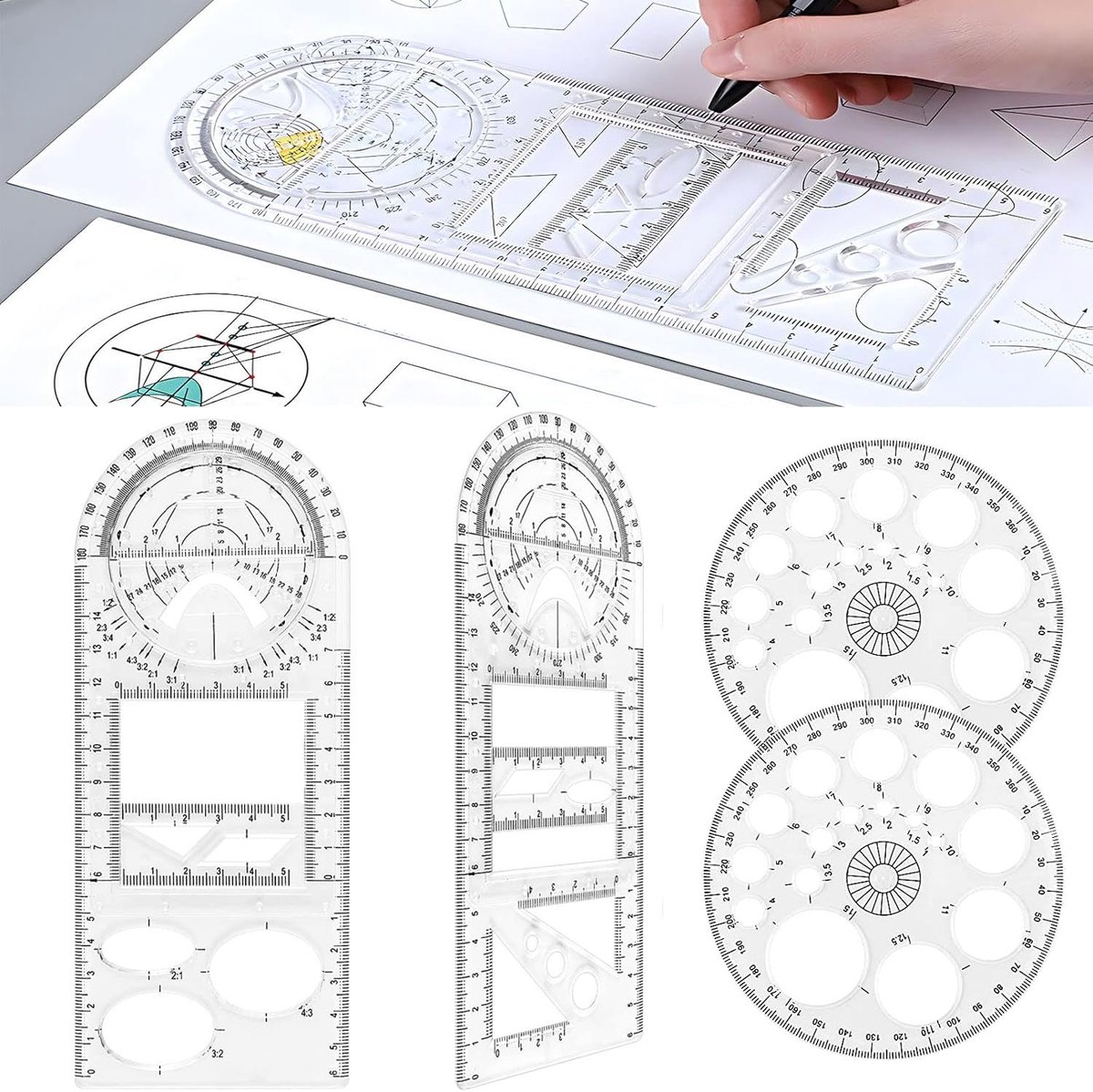 4-delige Set Geometrische Linialen - Driehoeksmeter en 360 Graden Winkelmeter Sjabloon