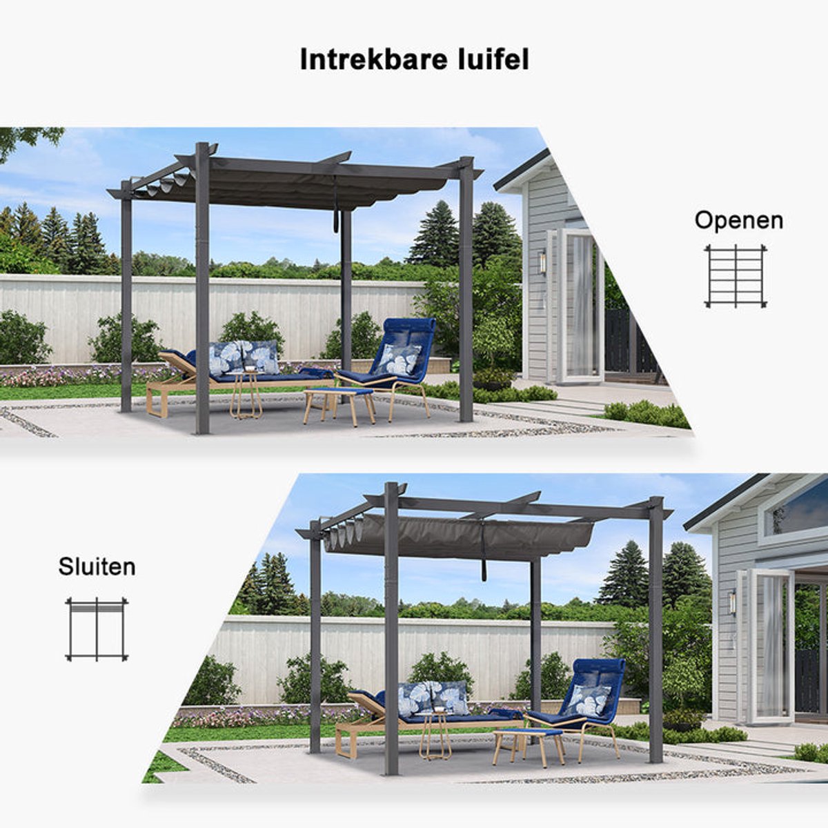 Purple Leaf Pergola avec toit de protection 3 x 3 m - structure anthracite, toile grise
