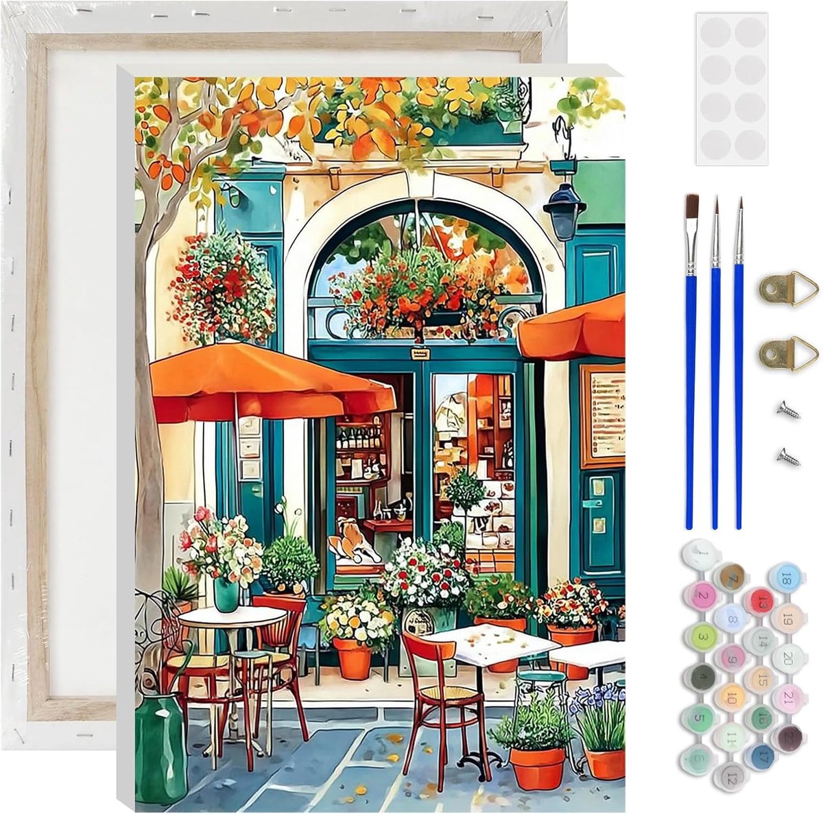 SnelShoppen - Schilderen op Nummer voor Volwassenen - AIRDEA Straat Cafe Schilderij DIY Set, Handgeschilderd met 3 Penseel, Acrylverf, 20x30cm (Gecadr