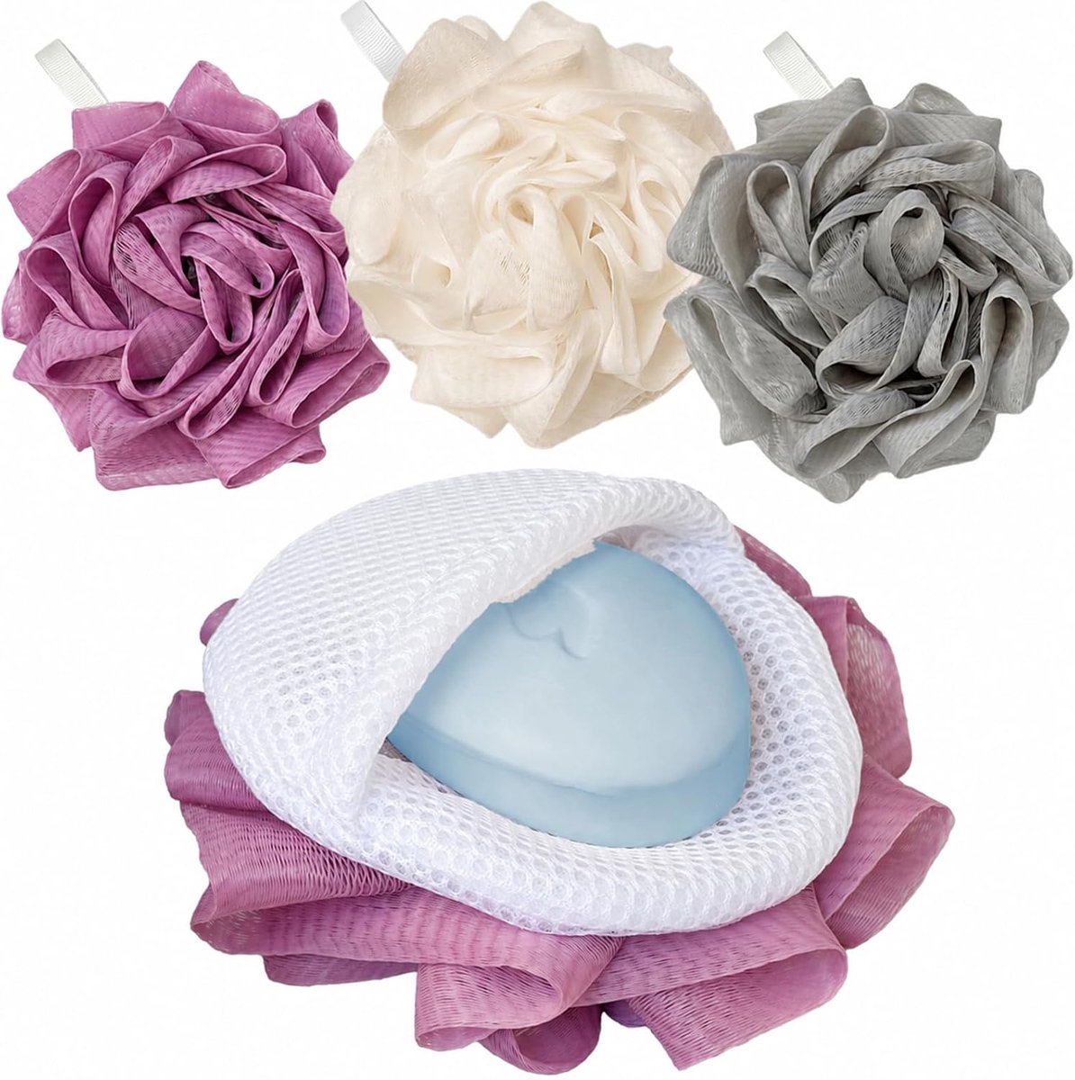 SnelShoppen - 3er Pack Badspons met Zeepzakje - Exfoliërende Douche Spons voor Mannen en Vrouwen - Licht Schuimende Badaccessoires - Ruimtebesparend -