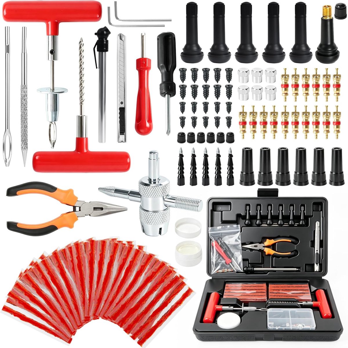 SnelShoppen - Bandenreparatieset 130 stuks - Universele Banden Reparatie Set voor Auto, Motorfiets, Vrachtwagen, Tractor, SUV - Inclusief Ventielkern,