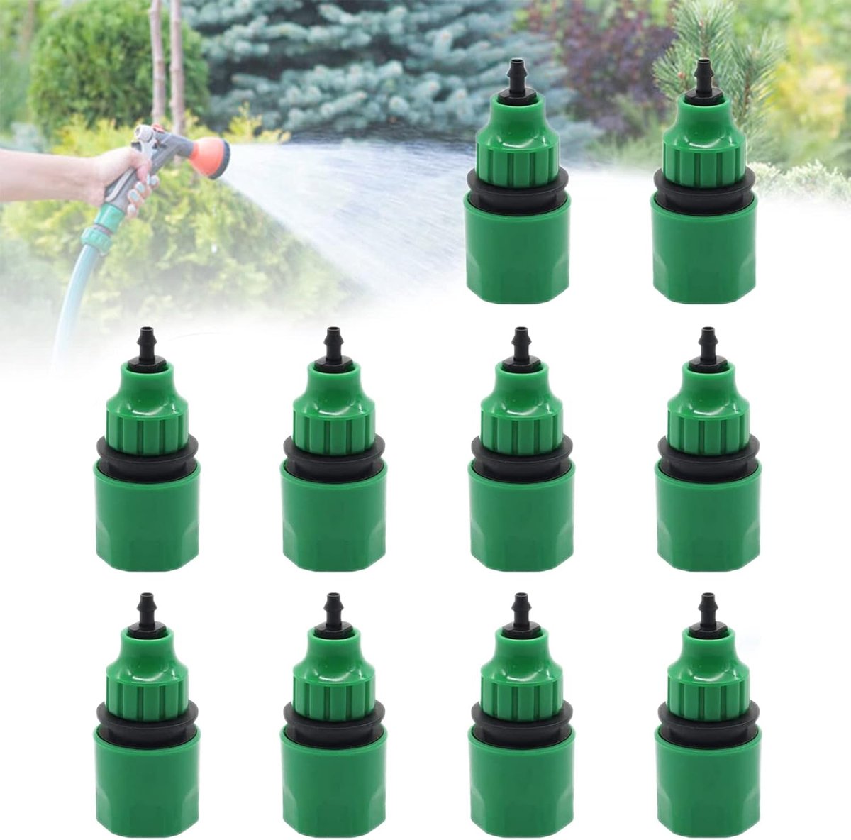 SnelShoppen - Tuinslangkoppelingen kunststof 4/7 en 8/11 - 10 stuks - Slangconnector voor tuin, balkon, irrigatie, groen, 60 x 34 mm