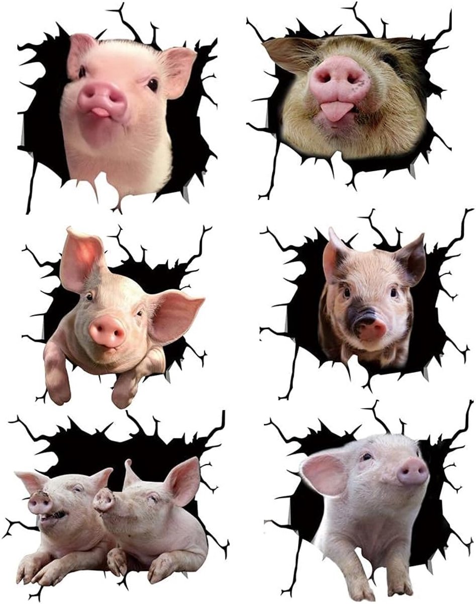 SnelShoppen - Piggy Stickers Pack van 6 - Auto Raam Stickers - Gebroken Varken Dier Stickers - Waterdichte PVC Wandstickers voor Auto, Motor, Laptop,