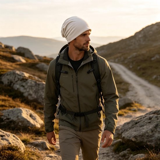 Man met een beige katoenen beanie en groene outdoor jas, wandelend op een bergpad.