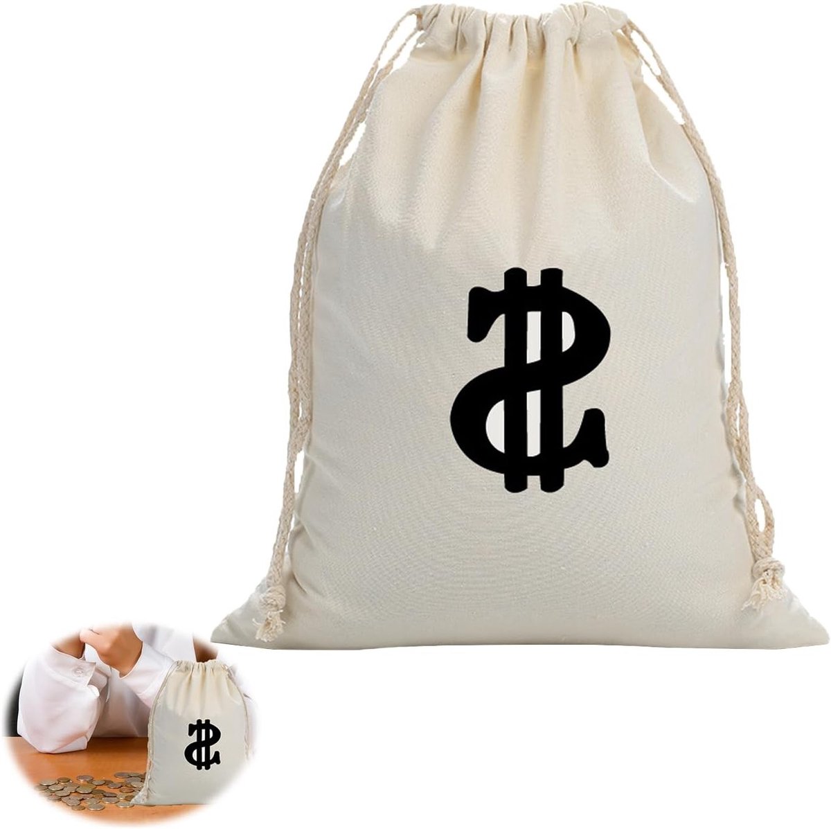 Grote witte geldzak van 28 x 40 cm met dollar teken, veelzijdige tas voor kostuums, carnaval en accessoires voor bankovervallers en kinderen