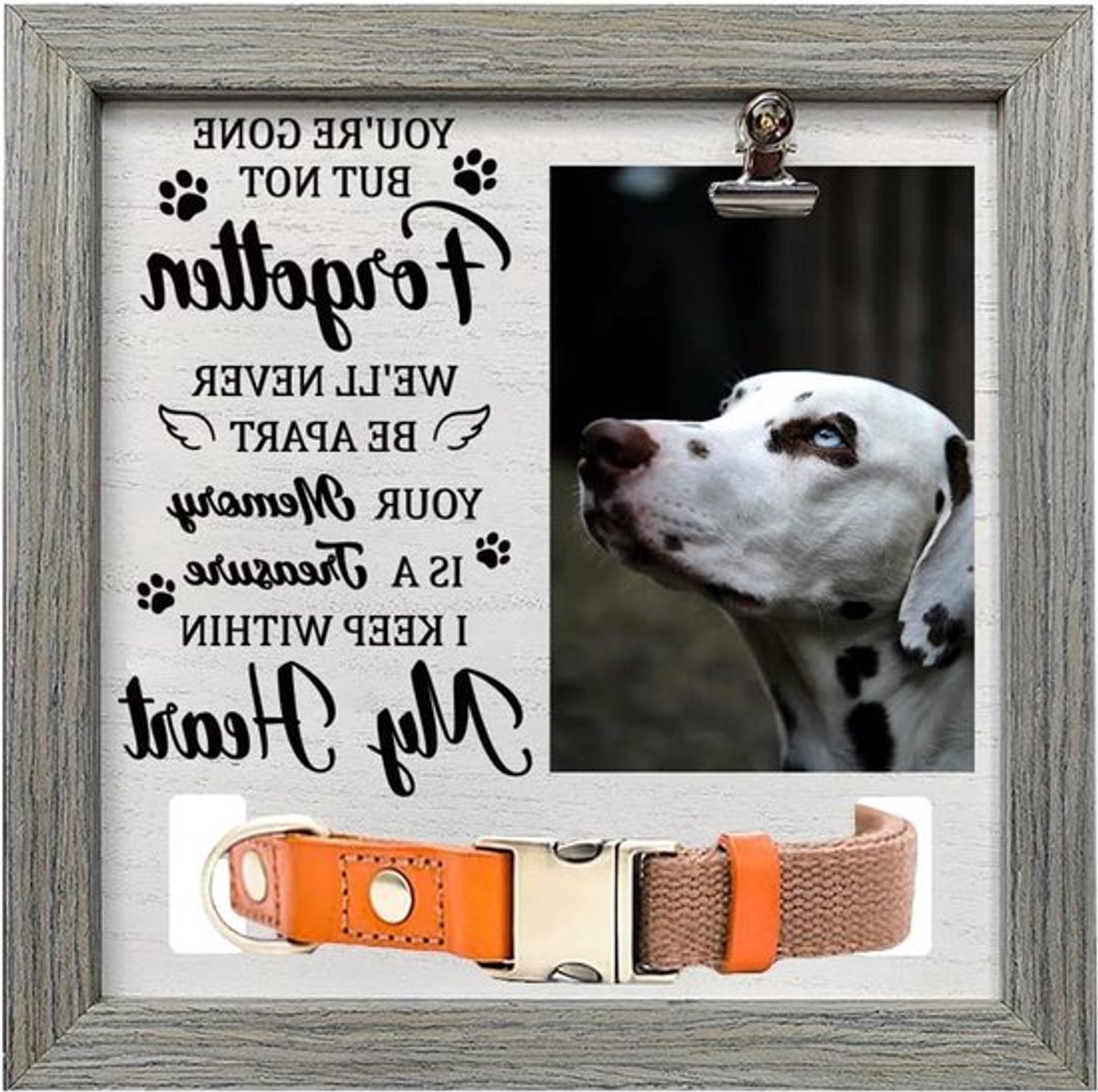Fotolijst voor huisdieren - Herdenkingscadeau met fotoklem en halsbandhouder - 23x23cm - Persoonlijke herinnering aan je huisdier - Houten fotolijst.