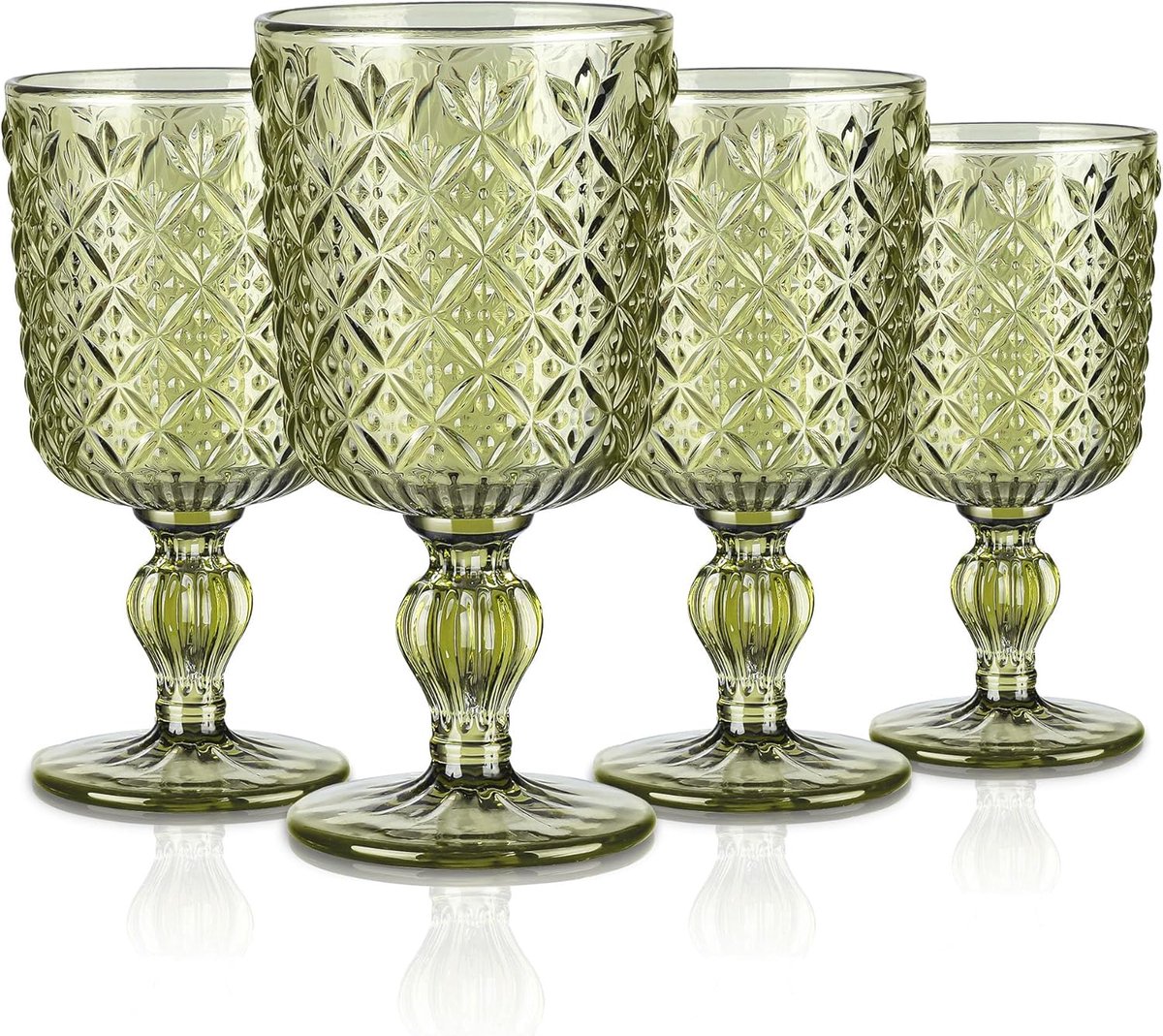 SnelShoppen - Vintage Glazen Wijnbekers Set van 4 - 300ml Groene Geometrische Drinkbekers - Robuuste en Elegante Glazen voor Feesten, Bruiloften en Ta