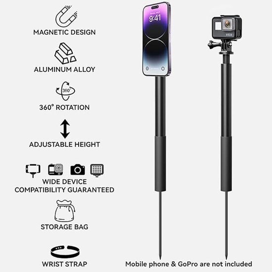 Thijox - Golf-monopod, verstelbare golf-swing mobiele telefoonhouder, magnetische selfiestick met spike-houder, ideaal voor golfen en buitenactiviteit van thijox — afbeelding 2