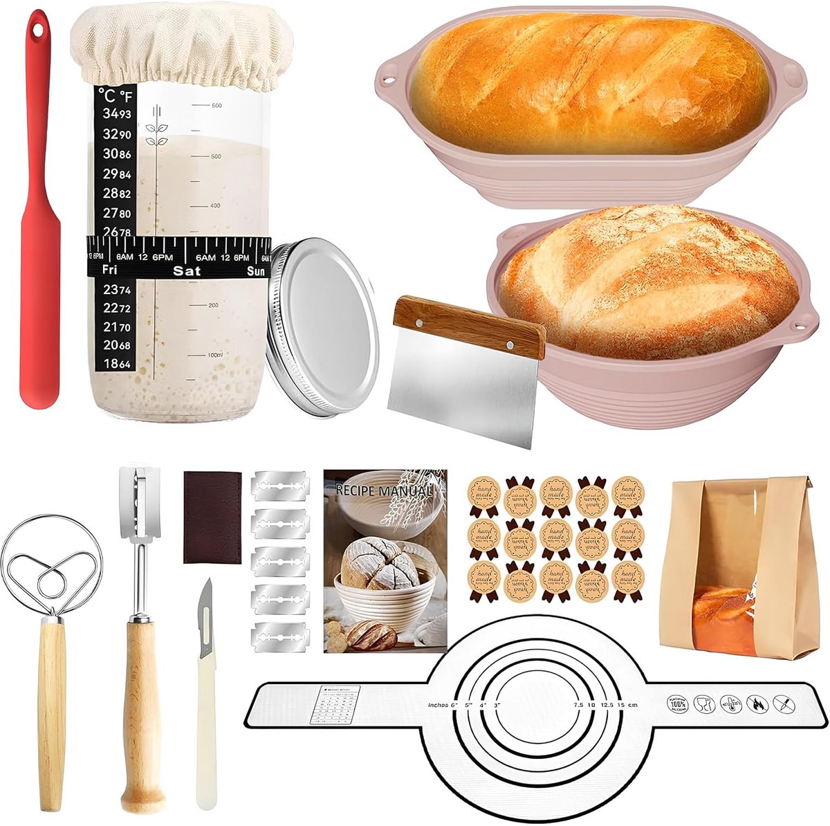 SnelShoppen - Banneton voor Brood Bakken Set - 18 Delen - Silicone Bannetons, 2 Broodmanden, Ovalen en Ronde Fermentatie Mand, Ideaal voor Beginners e