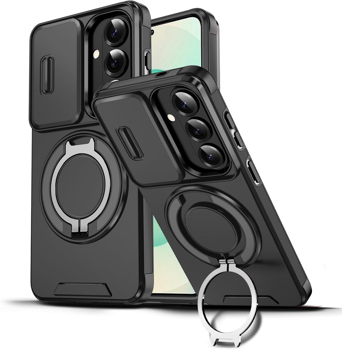 Beschermhoes voor 5G smartphones, camerabescherming, 360° rotatie, schokbestendig en verborgen cirkelhouder, zwart en duurzaam