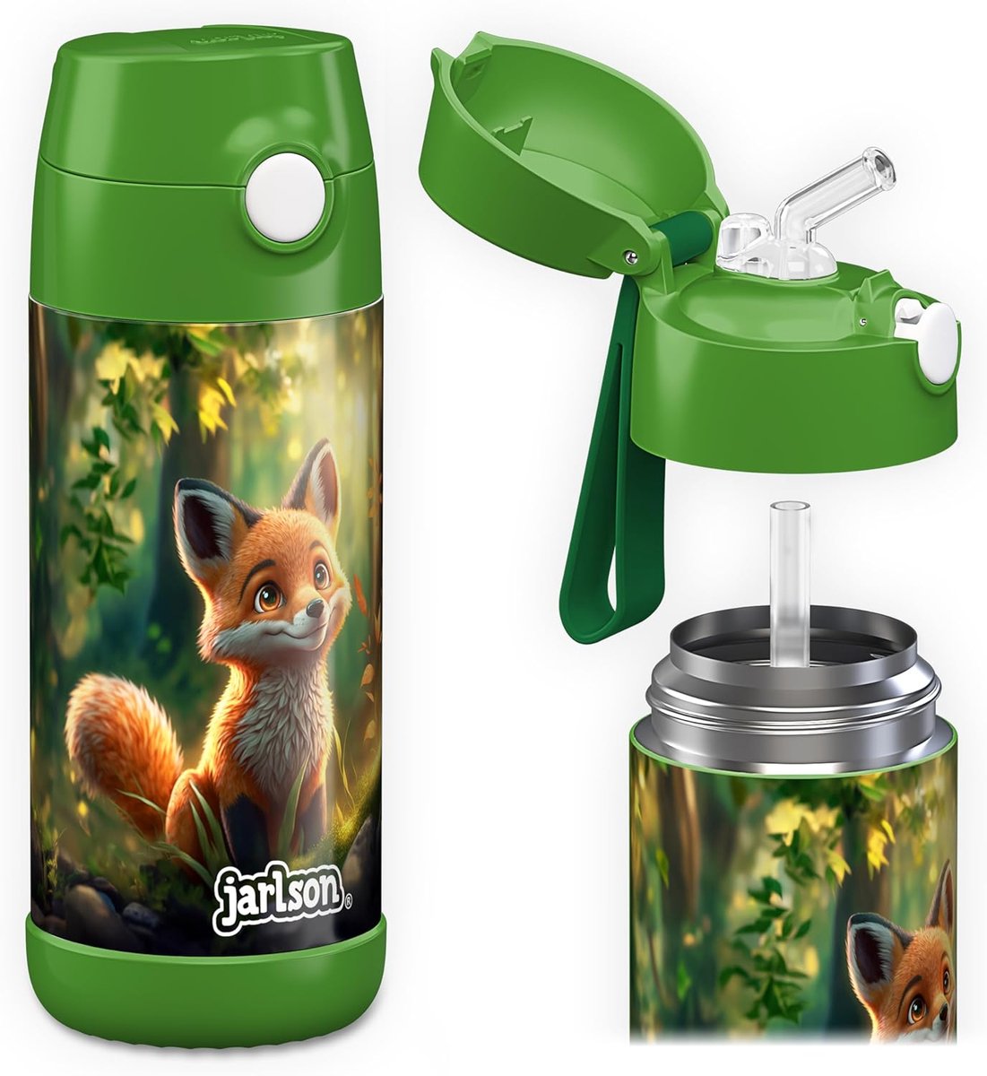 SnelShoppen - RVS Drinkfles Kinderen met Rietje, 350 ml, Lekvrij en BPA-vrij, Voor School en Kleuter, Vos Print, Veilig en Duurzaam