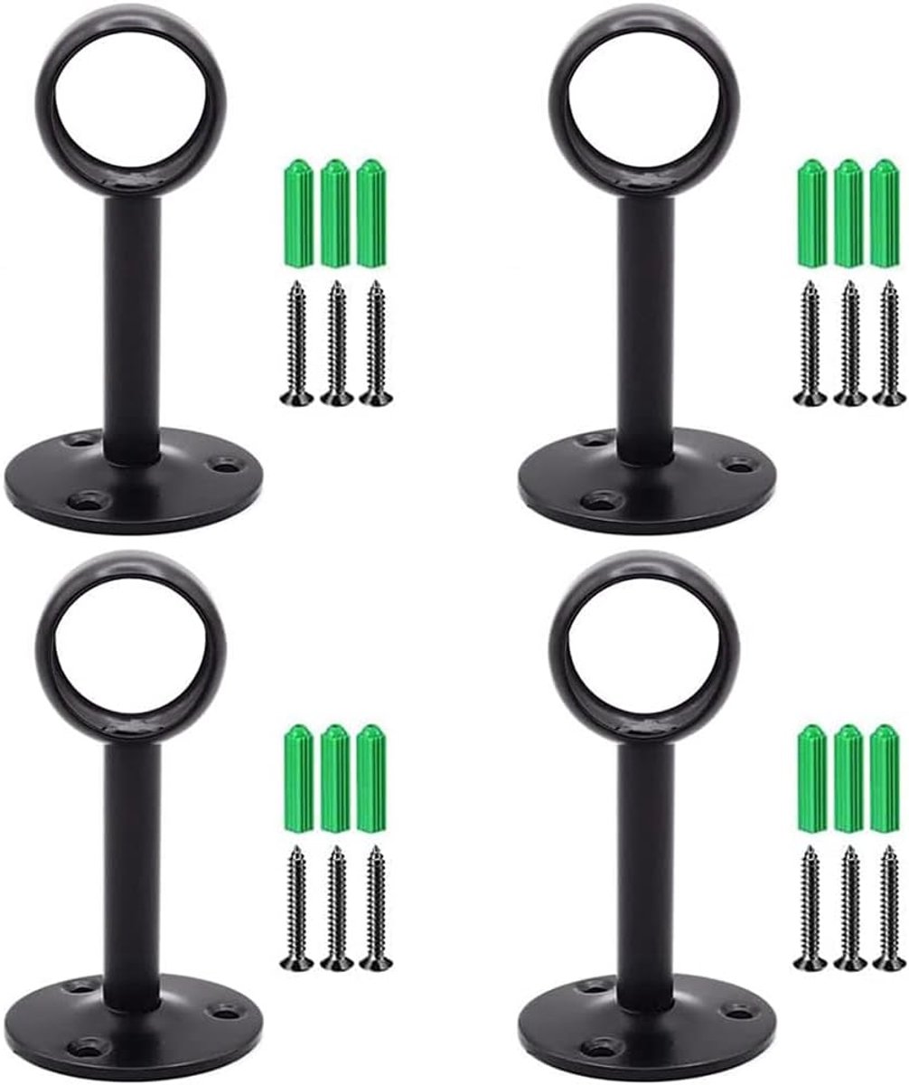 SnelShoppen - Pack van 4 Kledingstanghouders, Gordijnroede Beugels, Ondersteuningsbeugels voor 25 mm Stangen, Zwart, Inclusief 12 Schroeven en 12 Expa