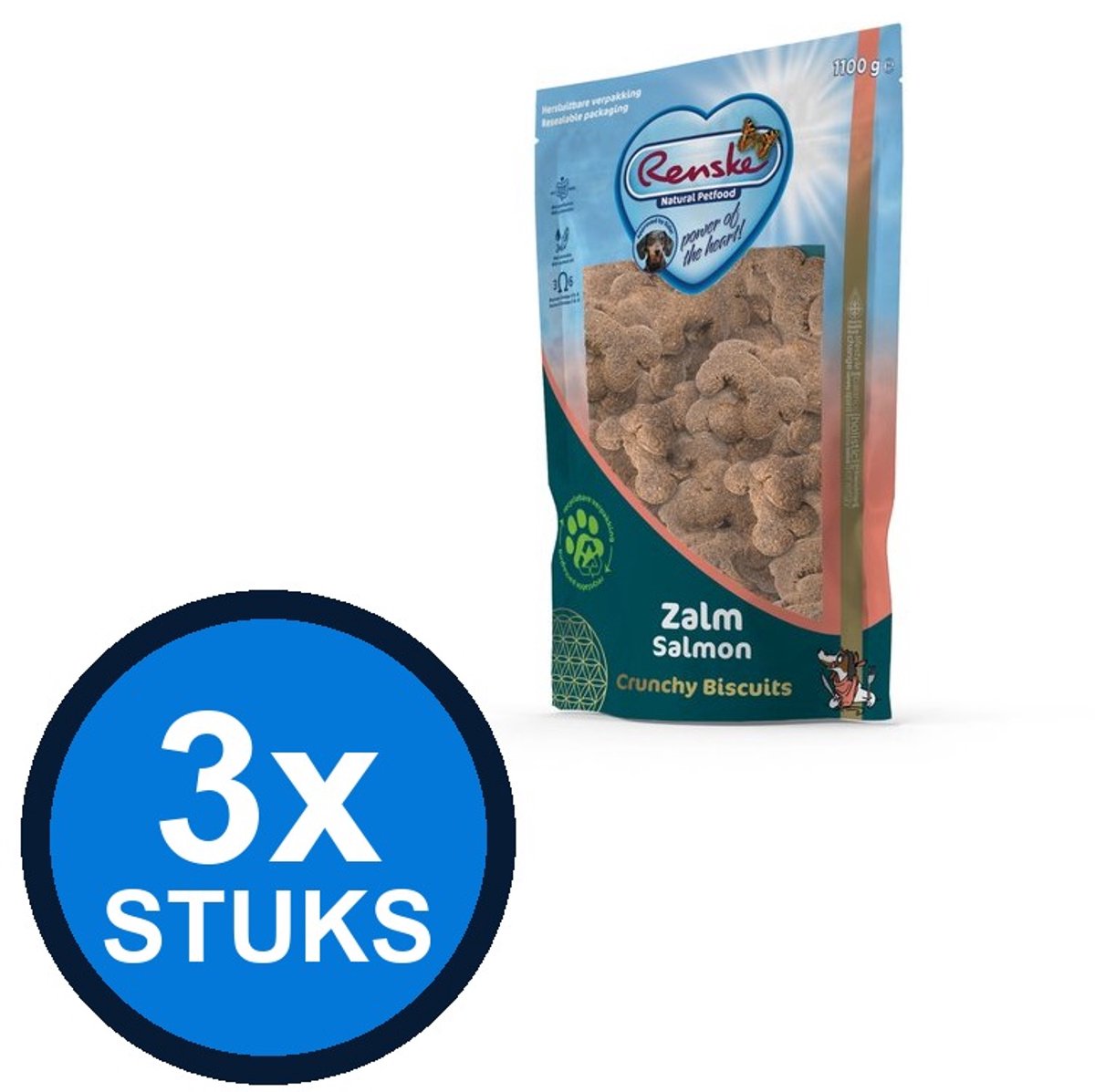 3x Renske - Gezonde beloning hond crunchy zalm 1100gr - Hondenvoer Snacks - 1.1 kg