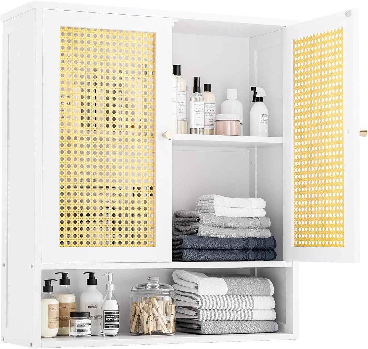 SnelShoppen - Badkamer Wandkast Bamboo Toiletopslag Organizer met 2 Rieten Deuren, Verstelbaar Plankje, Ruimtebesparende Medicijnkast voor Badkamer, K