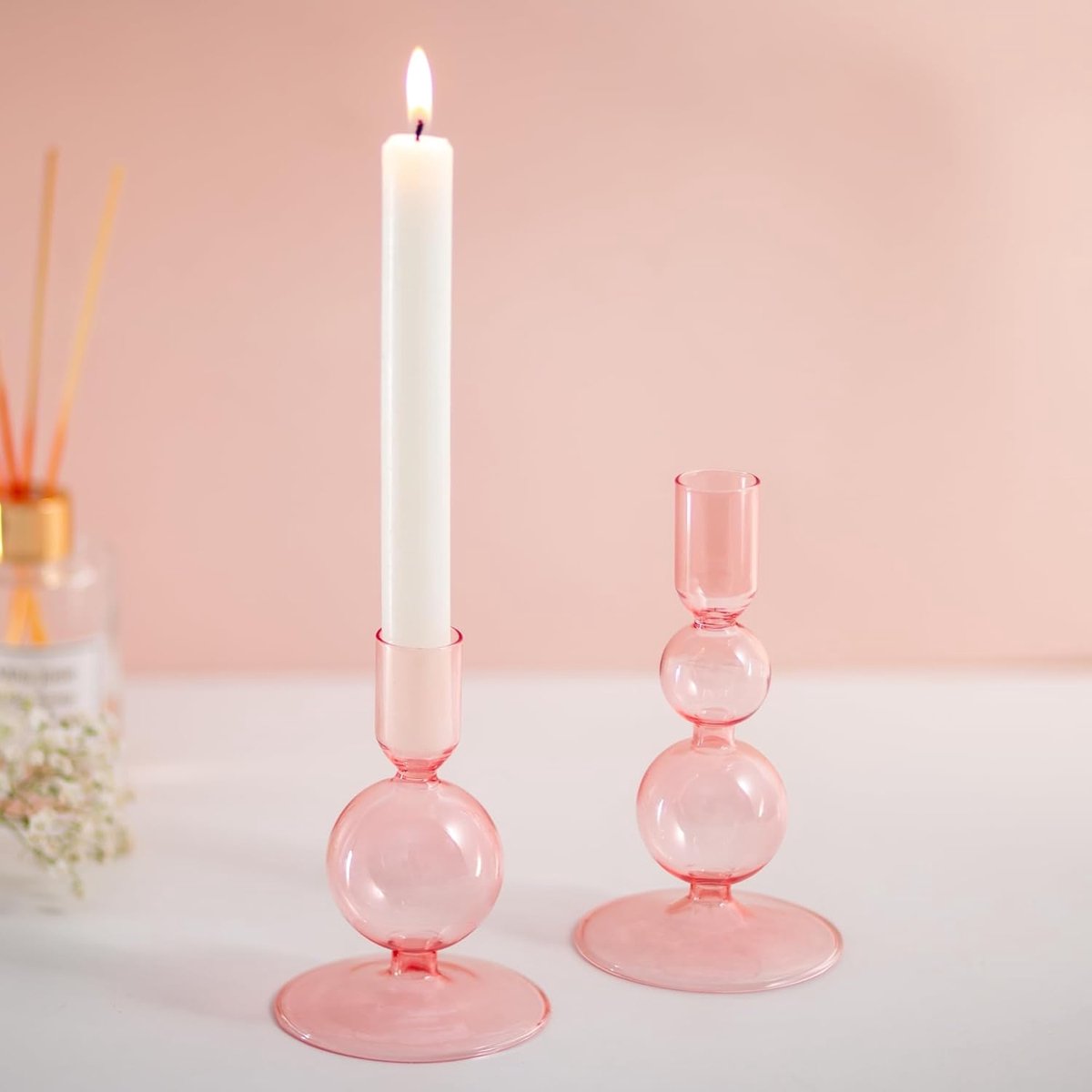SnelShoppen - Set van 2 Roze Glazen Kaarsenhouders - Kleurige Taper Kaarsenhouders - Bubble Kaarsenhouders voor Woonkamer Decoratie - Perfect voor Fee