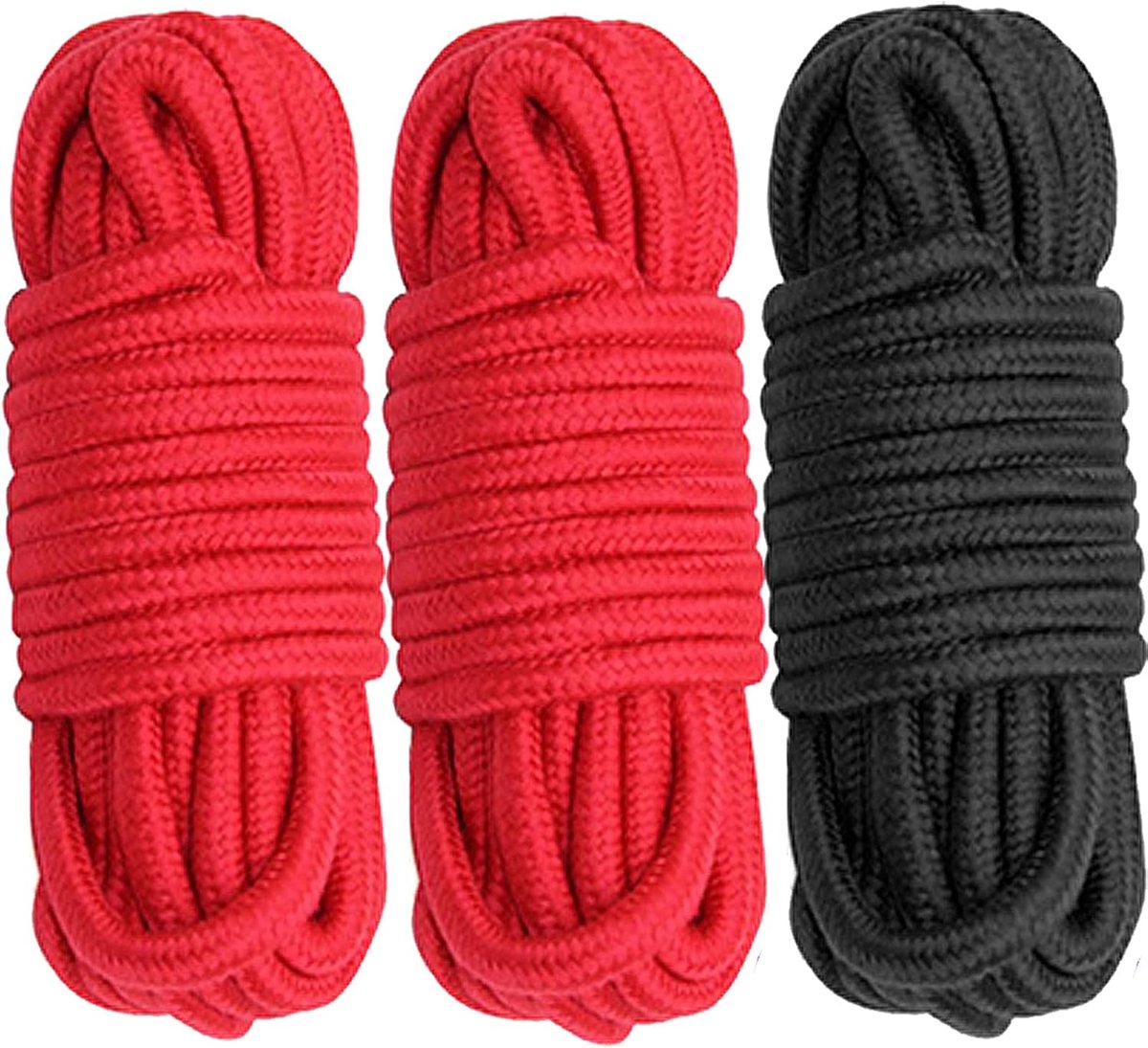 SnelShoppen - Soft Cotton Rope 8mm Dikte, 10m Lang, 3-Pak (2 Rood, 1 Zwart) - Multifunctionele Katoenen Touw voor Tuin, Klussen, Decoratie en Meer