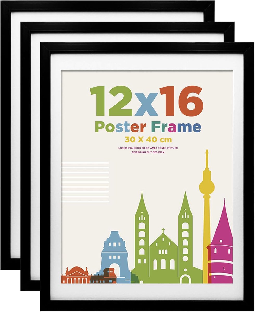 SnelShoppen - Set van 3 Houten Fotolijsten 30 x 40 cm met Acrylglas, MDF en Foto Mount 28 x 36 cm, Zwart, Perfect voor Posters en Foto's, Voor Wanddec