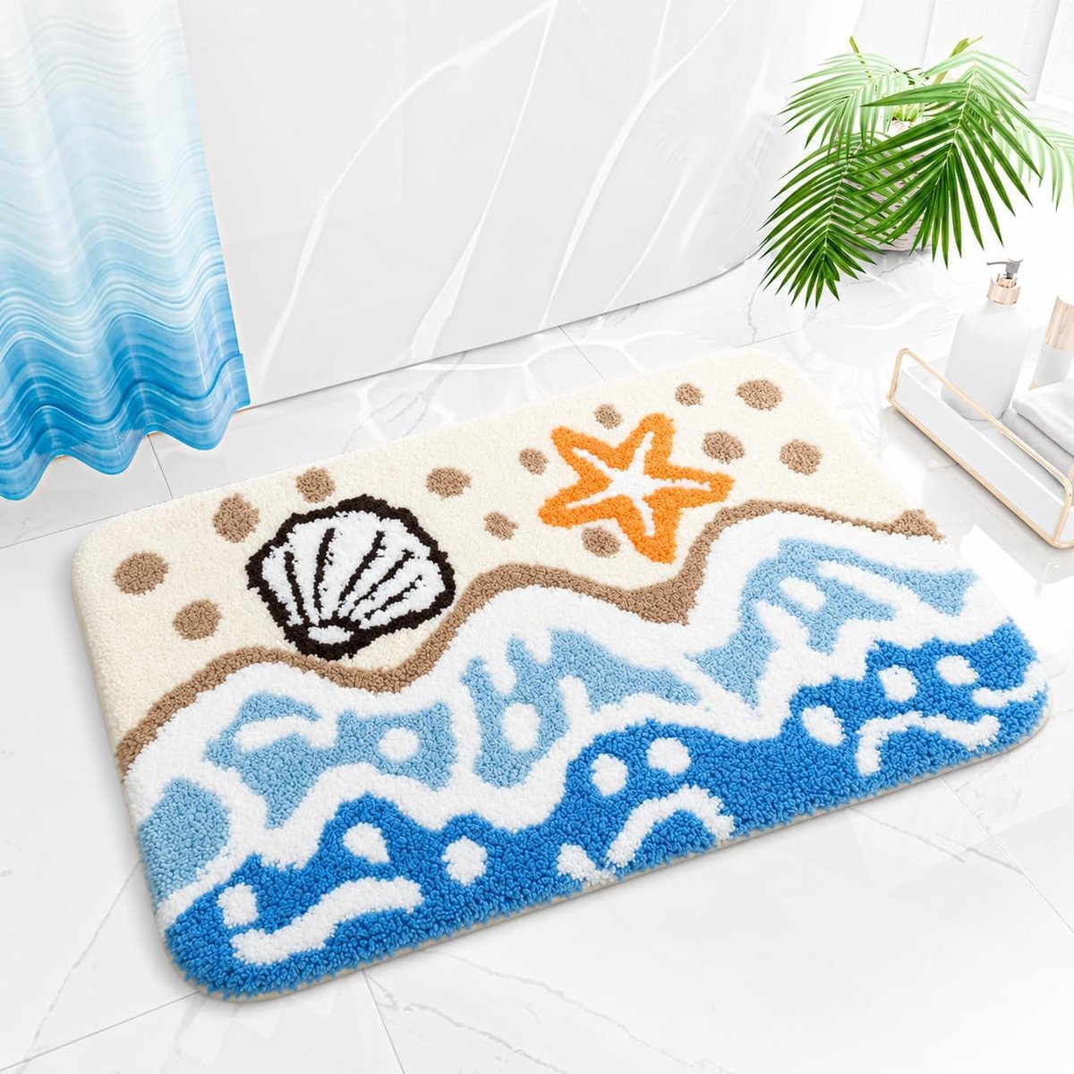SnelShoppen - Küstenmotiv Badmat 46x66cm, Nautische Strand Oceaan Golven Badkleed met 3D Zeester en Schelp Design, Zachte Kleurrijke Vloermat voor Bad