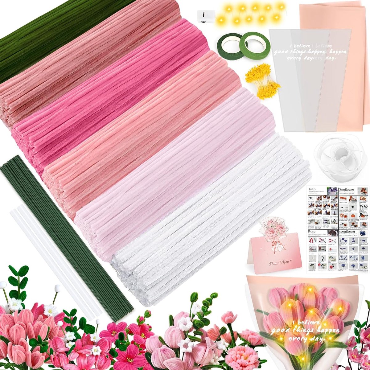 SnelShoppen - 450pcs Chenille Stelen, 6 Kleuren Nepbloemen, Perfect voor DIY Bloemboeketten, Decoratie, Feest en Creatieve Projecten