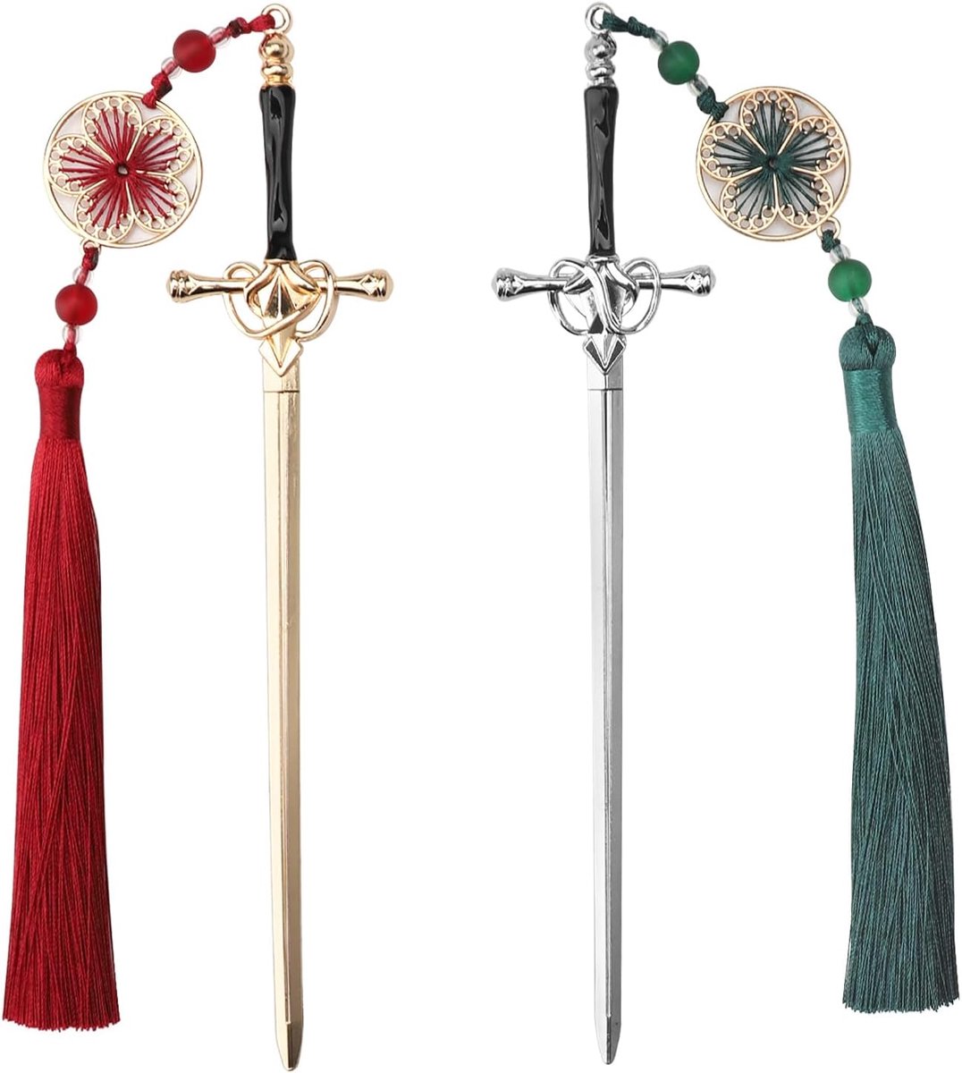 SnelShoppen - 2x Vintage Metalen Zwaard Boekenleggers met Kleurige Kwastjes, Persoonlijke Boekenleggers voor Lezers, Perfecte Cadeau voor Mannen en Vr