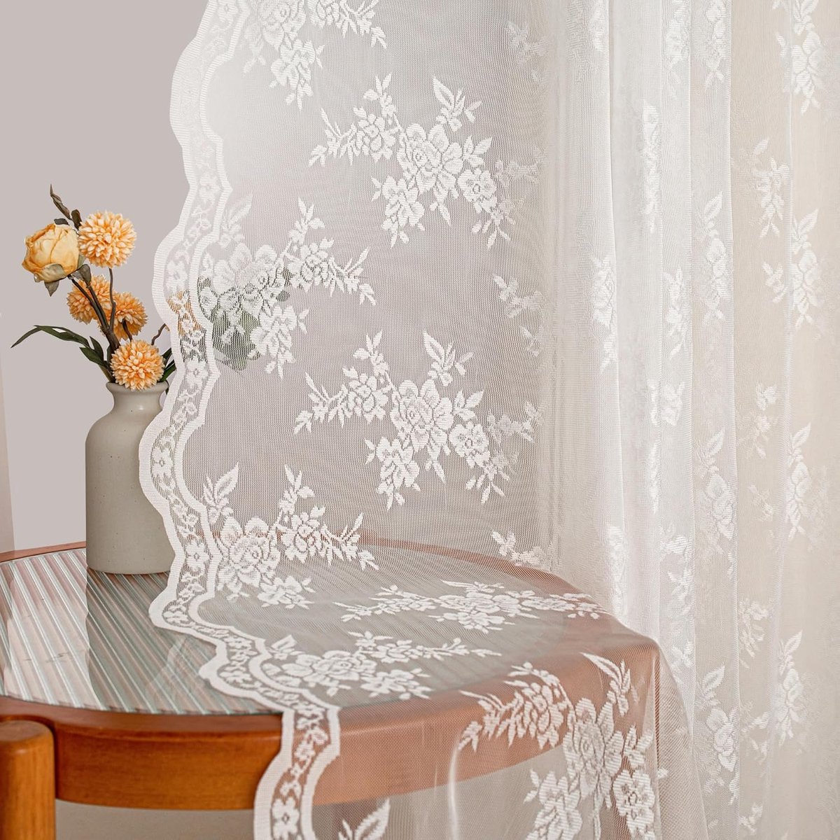 SnelShoppen - Transparante Floral Lace Gordijnen, Vintage Ruffles, 2-Paar Moderne Kanten Gordijnen voor Woonkamer, Ivoor Wit, H 245 x W 140 cm