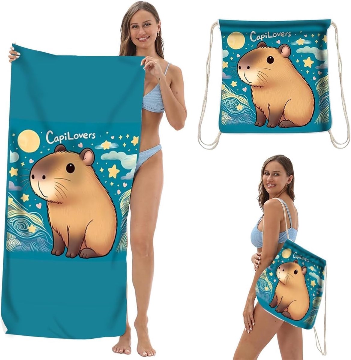SnelShoppen - Cartoon Capybara Strandlaken - Zomerse Microvezel Handdoek voor Kinderen en Volwassenen - Ideaal voor Zwemmen, Camping, Yoga, Sport, Rei