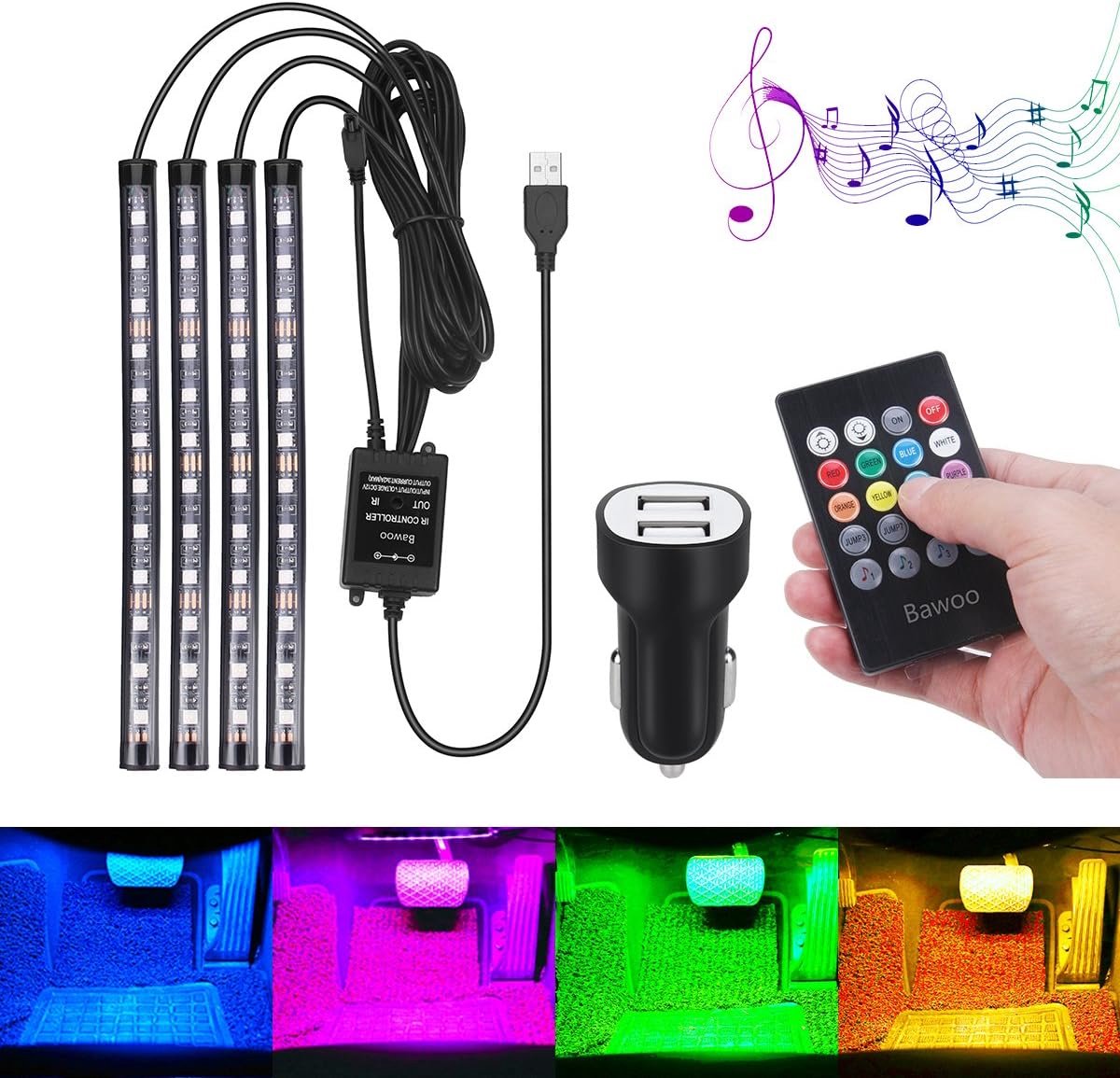 Thijox - Auto-interieurverlichting LED Sfeerverlichting 48 Stripverlichting USB Lichtstrip met Afstandsbediening, RGB Kleur, Waterdicht IP67, Perfect