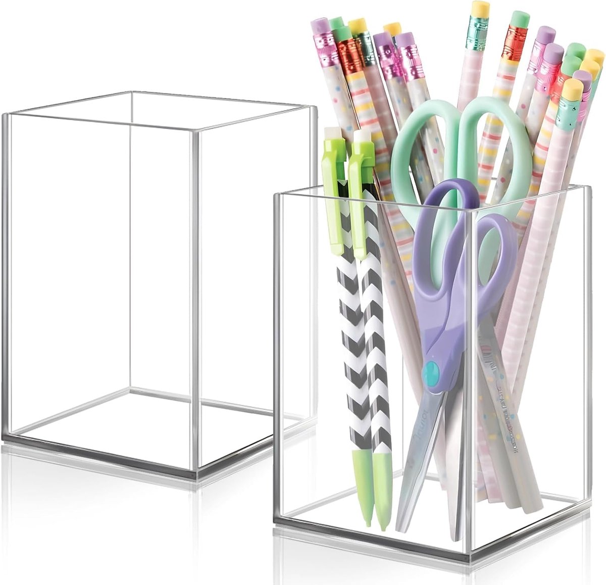 SnelShoppen - 2 Stuks Acryl Penhouder, Vierkante Desk Organizer, Transparante Make-up Borstelhouder, Stationary Organizer voor School, Huis, Kantoor,
