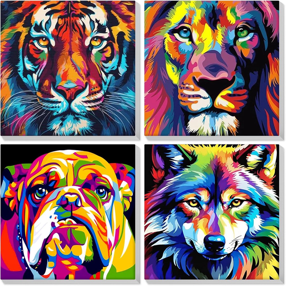 SnelShoppen - 4 Pack Schilderen op Nummeren voor Kinderen en Volwassenen, Kleurrijke Dieren Schilderkit, DIY Acrylverf Canvas Set met Houten Lijst en