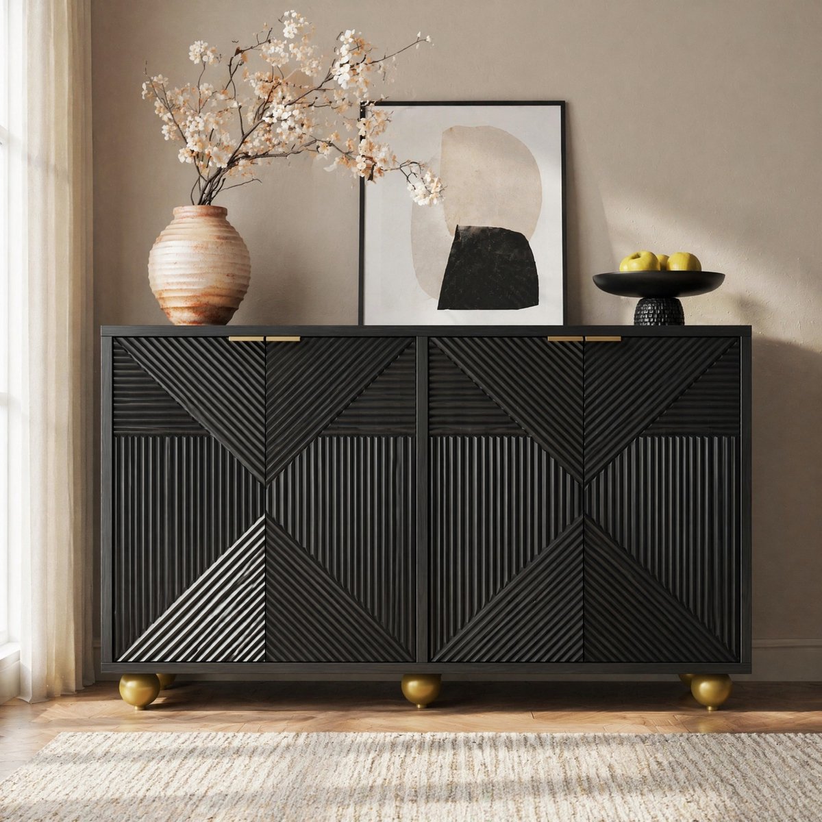 HAUSS SPOLE Dressoir - Vier Deuren Met Gegraveerd Relief En Verstelbare Planken - Voor Woonkamer Of Hal - MDF - 120x35x71,5 Cm - Zwart