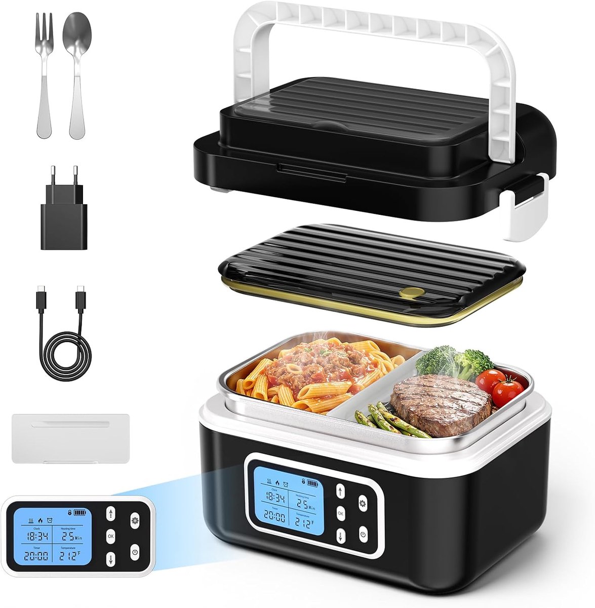 SnelShoppen - Heated Lunch Box 1.5L Elektrische Lunchbox RVS Met Afneembare Cooler Bag Voor Auto, Vrachtwagen, Kantoor, School
