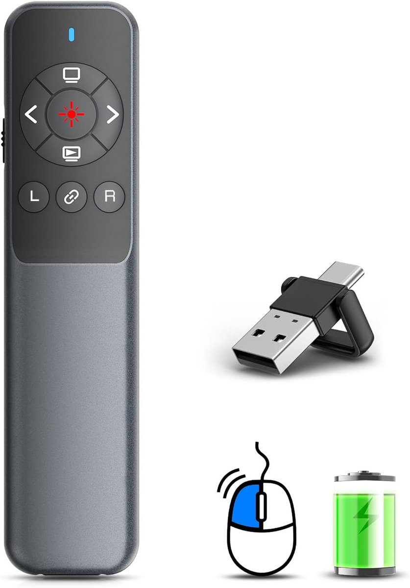 SnelShoppen - Wireless Presenter Powerpoint Afstandsbediening met Vliegende Muis & USB Type C 2-in-1 Klikker voor Presentaties - Geschikt voor Windows