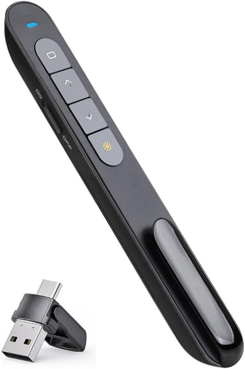 Thijox - 2-in-1 USB Type C Presentatie Clicker voor PowerPoint, Draadloze Afstandsbediening voor Slides, Hyperlink, Zwart/Volledig Scherm, Plug-and-Pl