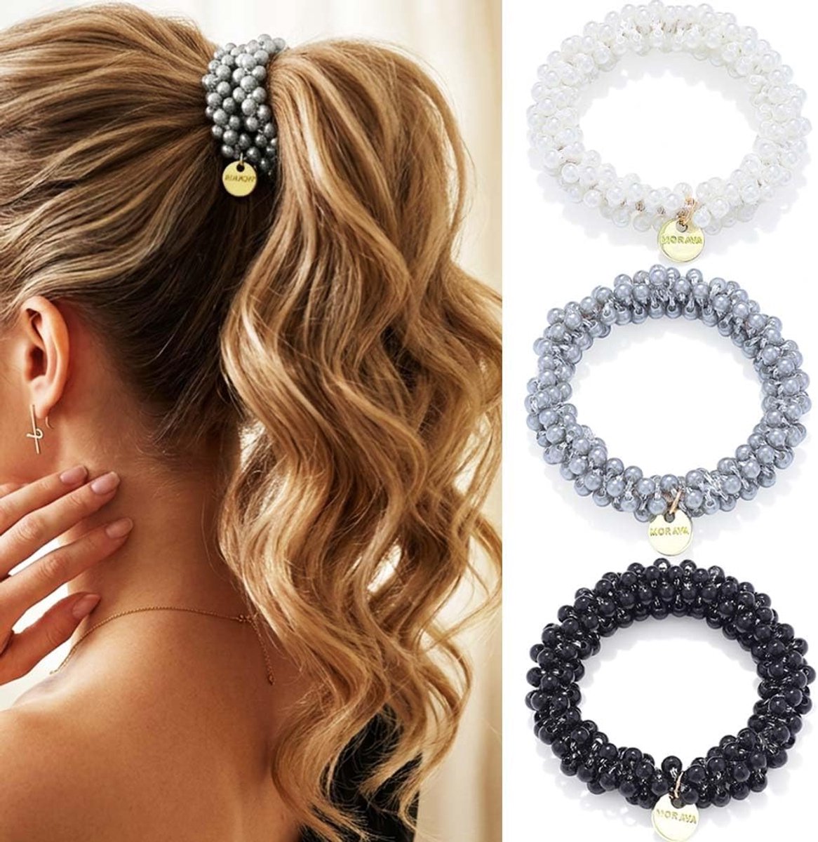 SnelShoppen - Fancy Haar Scrunchies Kralen Haarbanden voor Vrouwen - Elastische Paardenstaart Houders - Zwart Grijs Wit - Premium Haaraccessoires voor