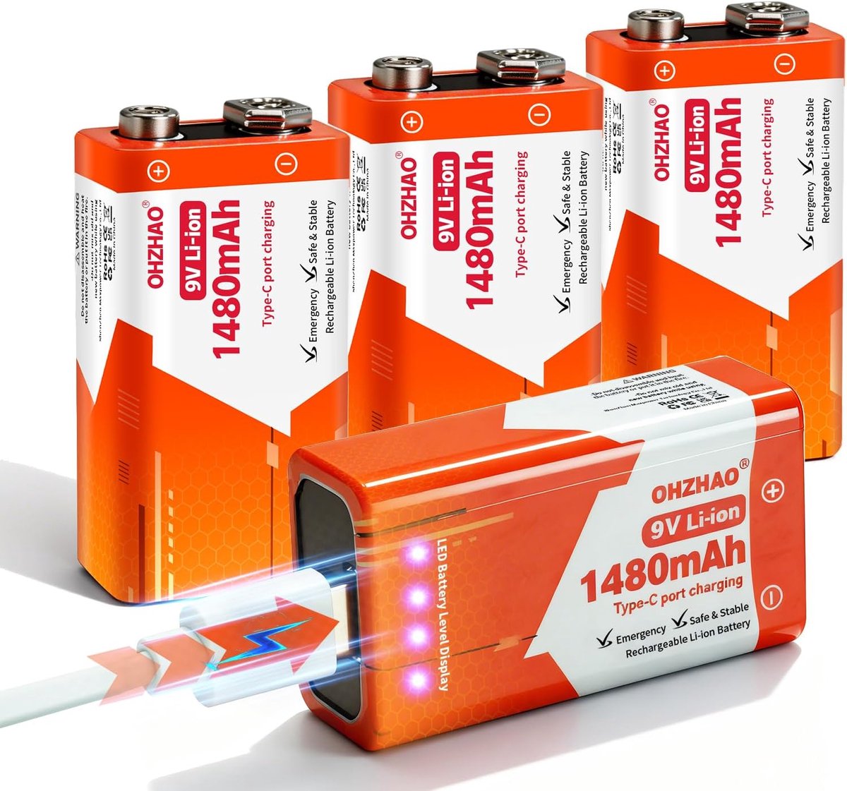SnelShoppen - 9V Oplaadbare Batterijen, 1480 mAh Lithium-Ion Blokbatterijen, Snelle USB-C Oplading, Ideaal voor Rookmelders, Brandmelders, Multimeters