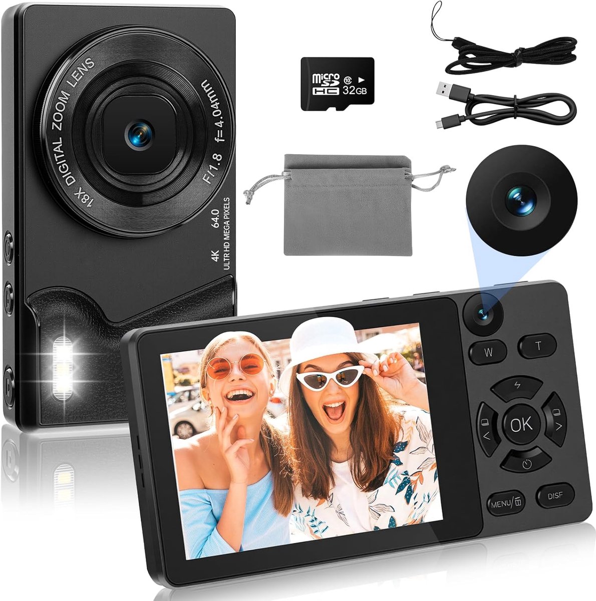SnelShoppen - Digitale camera met dubbele camera's voor en achter, autofocus, compacte vlogging camera, 2.8 inch scherm, 18x digitale zoom, 32G kaart