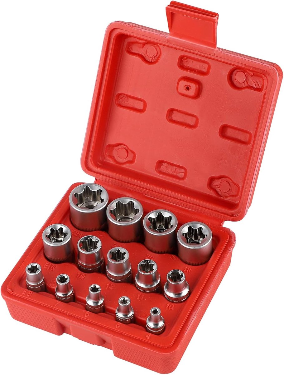 SnelShoppen - Torx Socket Set Female 1/4 Inch 3/8 Inch 1/2 Inch E Torx Profiel E4 t/m E24 met Praktische Opbergdoos - Chrome Vanadium Staal - Gereedsc