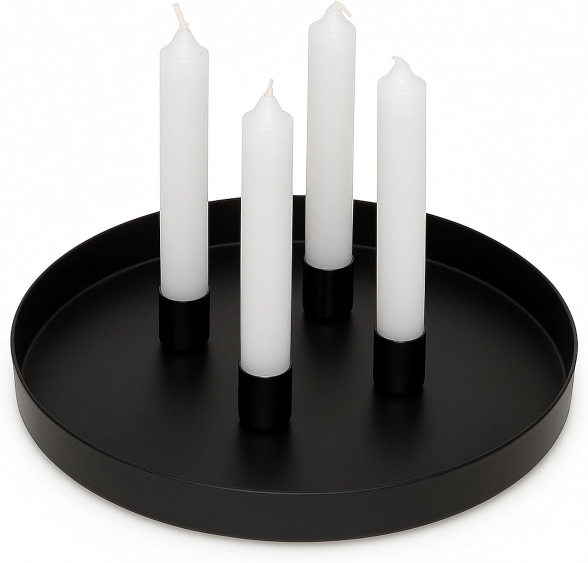 SnelShoppen - Ronde metalen schaal Ø 25 cm met 4 verstelbare magnetische kaarsenhouders, poedercoating, zwart - Perfect voor Advent, feestdecoratie en