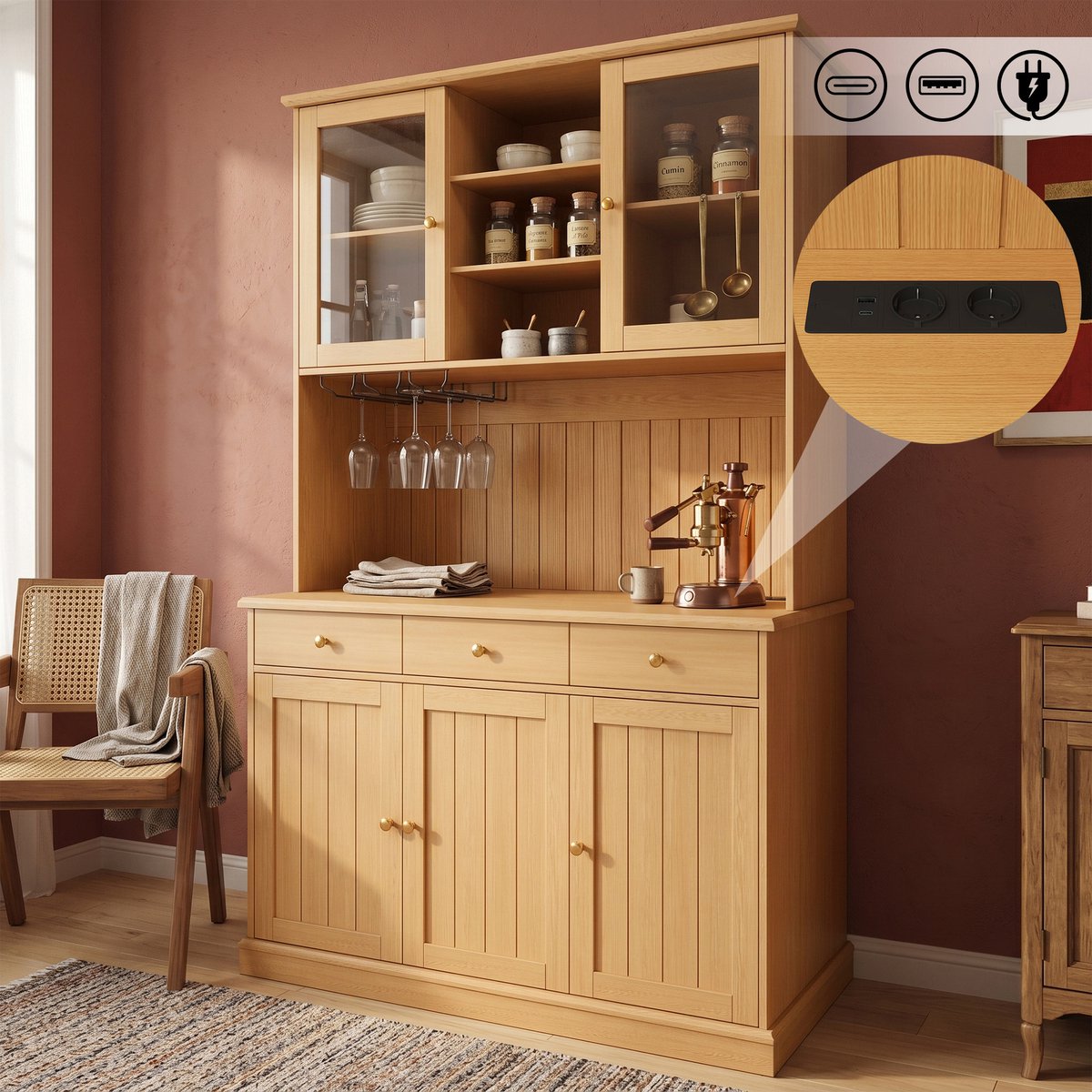 Clruro Hoge Keukenkast - 120 × 40 × 191 cm - met Glas - met Wijnrek - Spaanplaat - Naturel