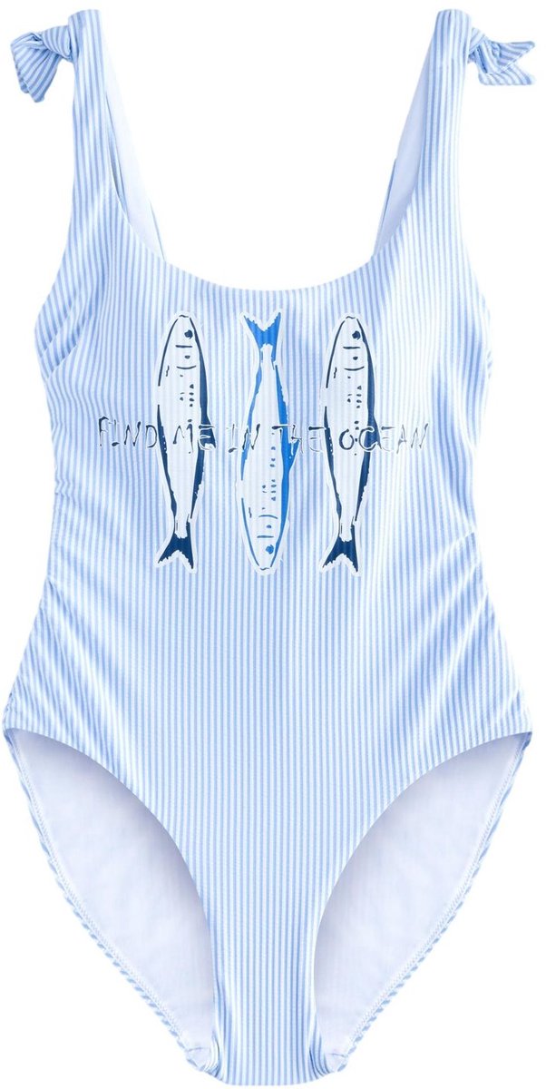 Next Dames - Buikcorrigerend badpak met watervalhals - Tall - Blauw Blue/White Stripe Sardine Print