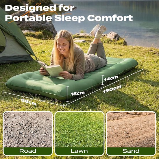 SnelShoppen - Opblaasbaar Camping Slaapmat met Kussen, Waterdicht en Scheurvast 50D Nylon, Enkel Luchtbed met Ingebouwde Voetenpomp, Olijfgroen, 190x6 van Snelshoppen — afbeelding 3