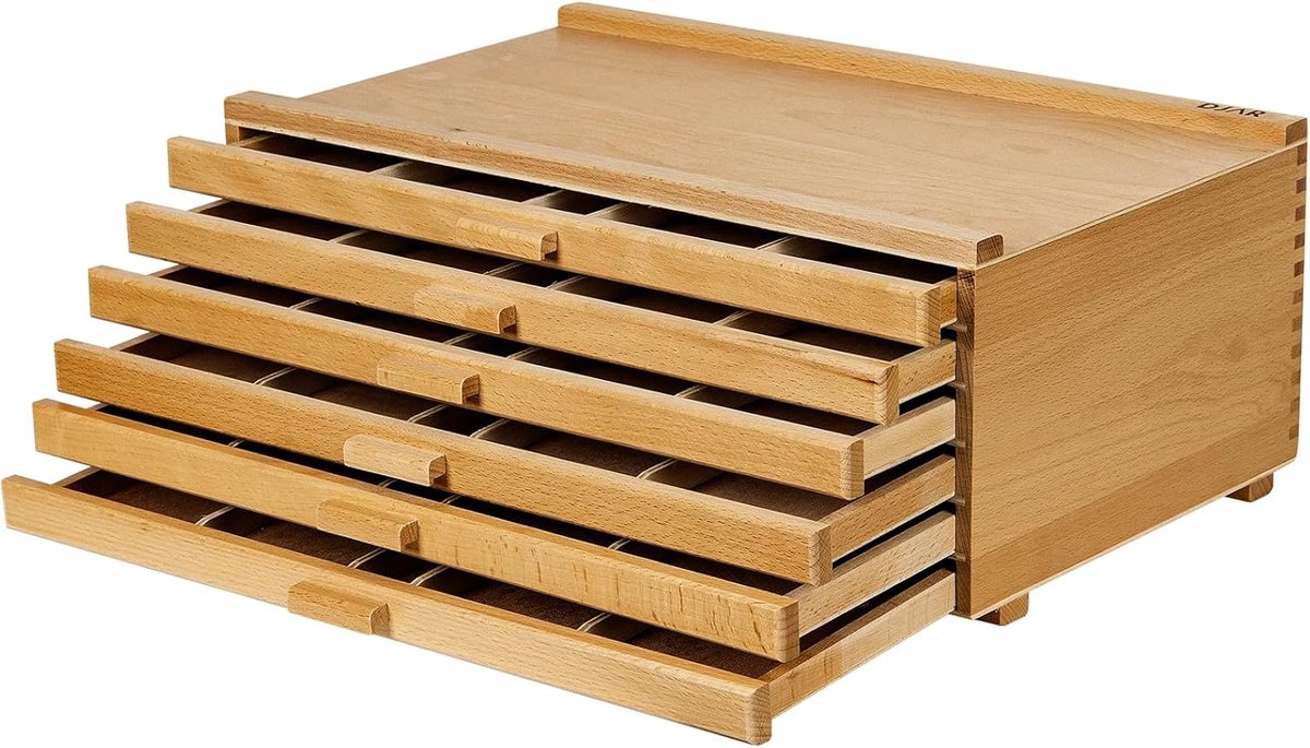 SnelShoppen - Kunstbenodigdheden Opbergdoos met 6 Lades, Draagbare Beukenhouten Organizer met Verwijderbare Scheiders voor Penselen, Pastelkleuren, St