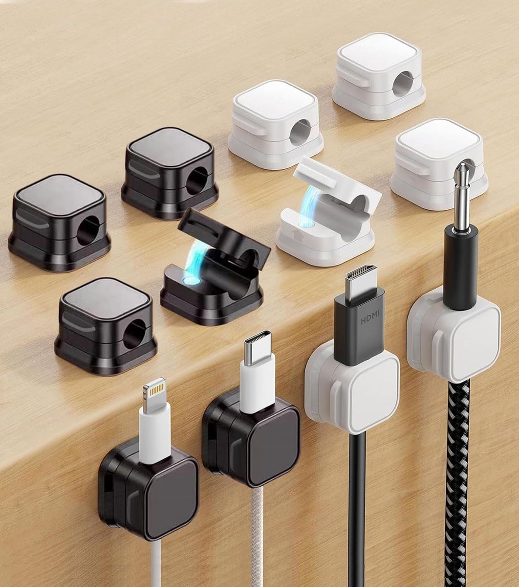 SnelShoppen - 12 Stuks Magnetische Kabelhouders, Kabelclips, Verstelbare Kabelorganizer, Magneet Kabelbevestiging voor Bureau, USB, Oplaadkabel, HDMI,