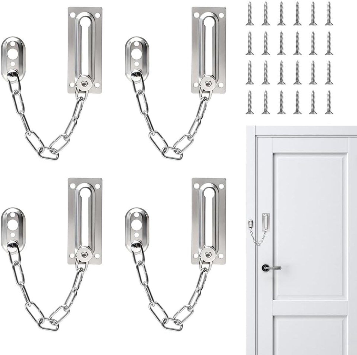 SnelShoppen - 4 Stuks Veiligheids Deurketting Roestvrijstaal, Deurkettingslot voor Houten Deuren, Binnendeuren, Zilver, Beveiliging voor Thuisgebruik,