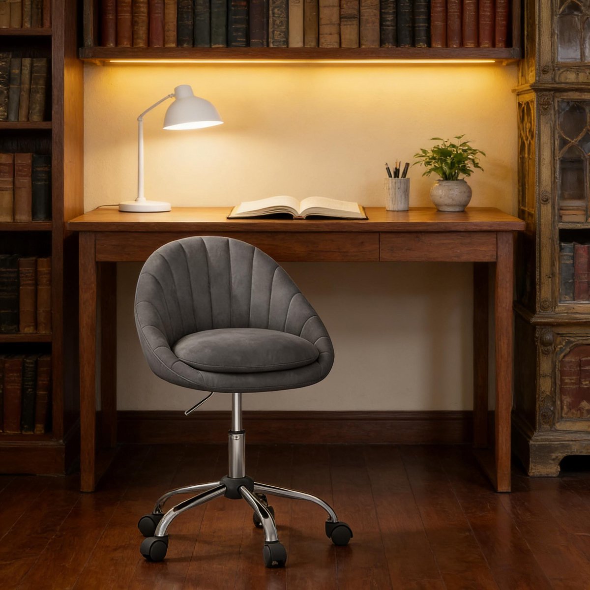 DESMIU Bureaustoel 52 x 72-82 x 52 Cm - Draaibaar En In Hoogte Verstelbaar - Voor Thuiskantoor En Kaptafel - Metaal En Fluweel - Donkergrijs