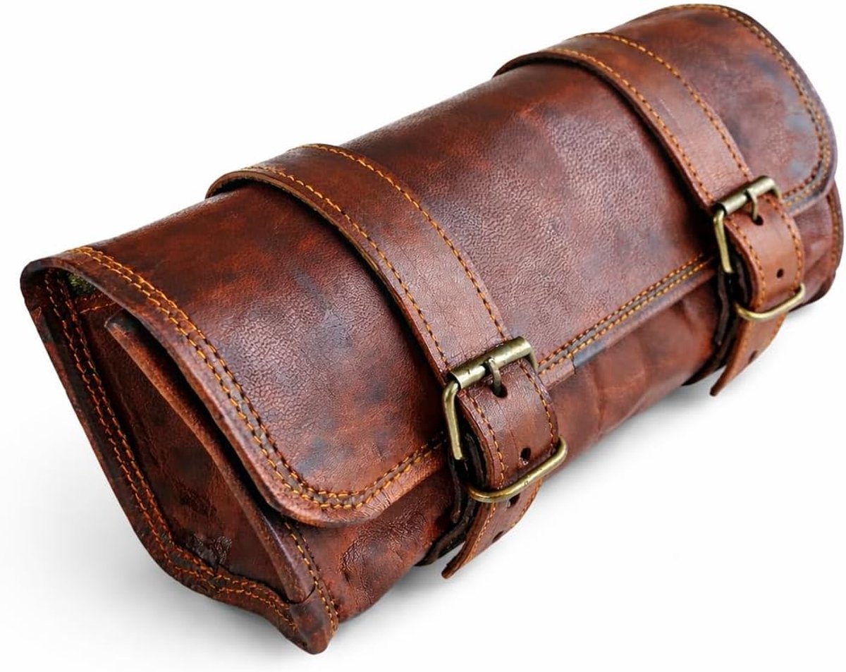 SnelShoppen - Vintage Echt Geitenleer Motorfiets Tas met 2 Gespen en Snelle Bevestiging Voor Voorvork en Fiets - Bruin - 24,6 x 9,5 x 3 cm - Ideaal vo