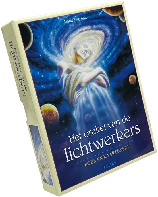 Zijkant van de verpakking van 'Het orakel van de lichtwerkers' met een afbeelding van een vrouw en sterrenstelsel.
