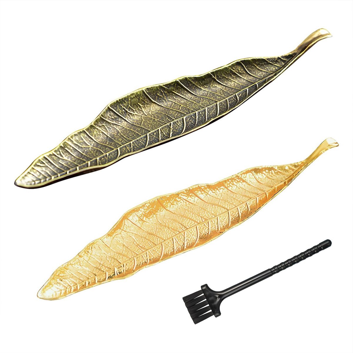 Set van 2 Bronzen Incense Stick Houders met Bladmotief en Mini Bezem - Ideaal voor Thuis, Kantoor en Yoga