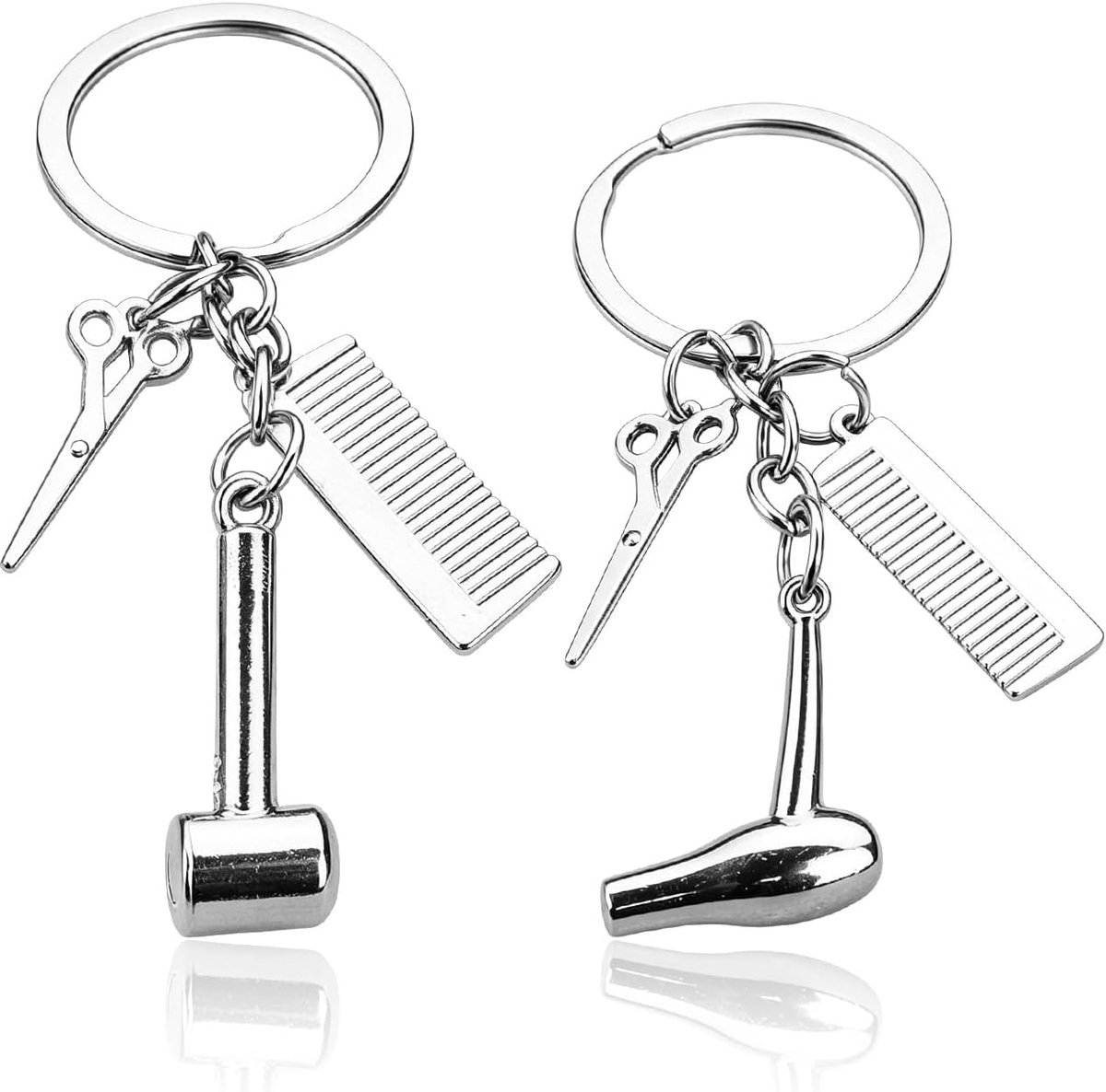 SnelShoppen - 2 Hairdressing Tool Sleutelhangers - Zilveren Föhn en Kam Sleutelhangers - Perfecte Cadeaus voor Kappers en Haarstylisten - Duurzaam en